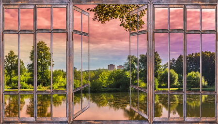 beautiful sunrise sunshine view from the window with curtains