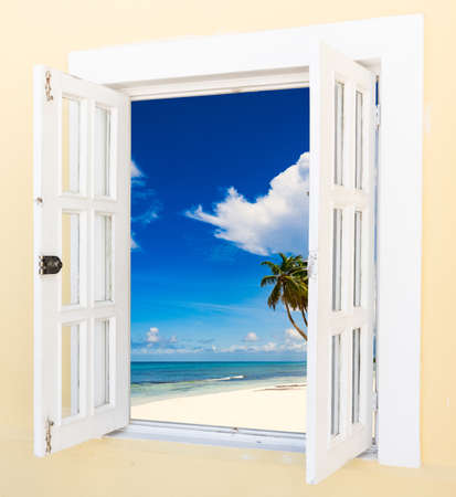 old wooden open window overlooking the tropicsの写真素材
