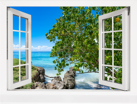 summer sunny day the view from the window on the sea beach with palm treeの写真素材