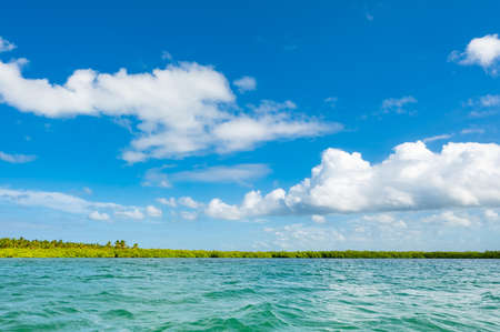 landscape view of the open blue sea blue sky with white cumulus clouds summerの写真素材
