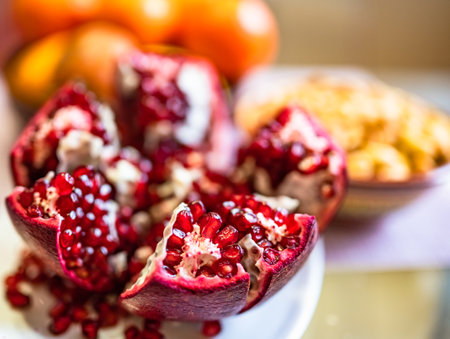 red ripe pomegranate, peeled, correctly opened, with seedsの写真素材