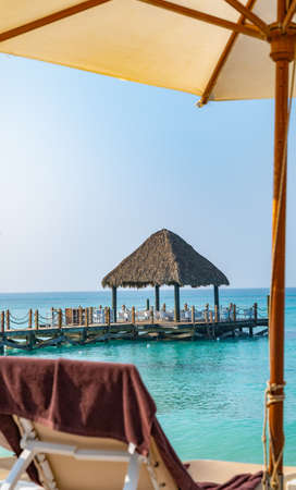 beach with thatched umbrellas on the shore of the island of Dominican Republicの写真素材