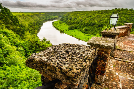 calm beautiful river chevon among tropical jungle high bank dominican republic