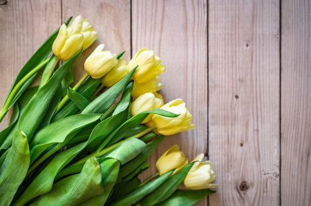 bouquet of yellow tulips on a wooden backgroundの写真素材