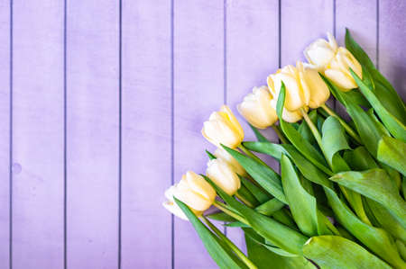 bouquet of yellow tulips on a wooden backgroundの写真素材