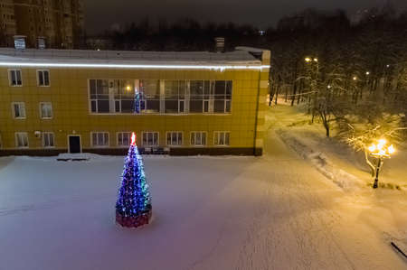 Christmas tree glow lanterns on city square at nightの写真素材