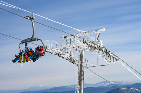 Russia. Sheregesh. February 14, 2021 . Chair ski lift. Elevator lifting people on the mountain ski slope Bansko Bulgaria ski centerのeditorial素材