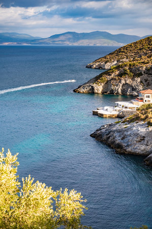 landscape rocky coast of the Aegean sea with green vegetationの写真素材