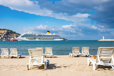 Kusadasi Turkey sea cruise liner moored in the port of the cityの写真素材