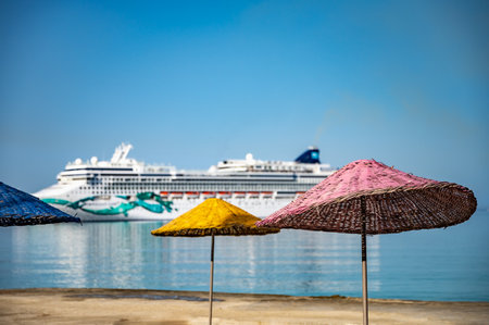 Kusadasi Turkey sea cruise liner moored in the port of the cityの写真素材