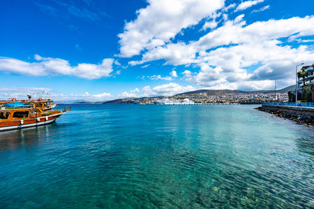 City and harbor at Kusadasi, island the Turkish coast of the Aegean seaのeditorial素材