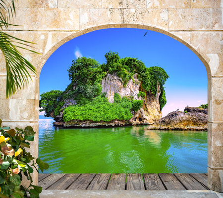 old wooden arch fortress with open doors landscape viewの写真素材