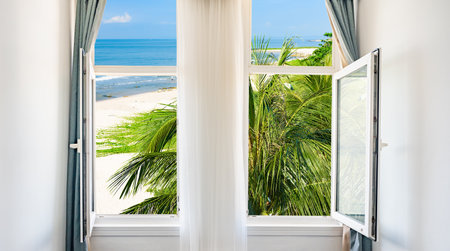 Ocean view from the window on the island of sunny summer dayの写真素材