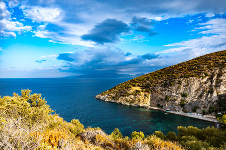 waves on the sea landscape on a background of blue sky with clouds