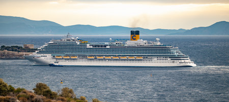 09/27/2022 Turkey, Kusadasi.sea cruise liner moored in the port of the cityのeditorial素材