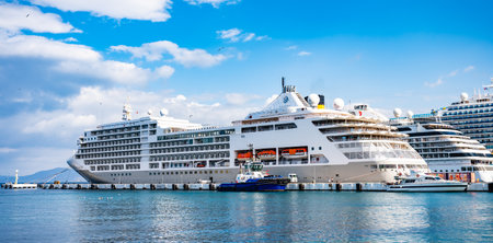 09/27/2022 Turkey, Kusadasi.sea cruise liner moored in the port of the cityのeditorial素材