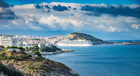 09/27/2022 Turkey, Kusadasi.sea cruise liner moored in the port of the cityのeditorial素材