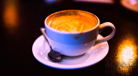 cup of cappuccino with cinnamon on the table with a saucer and spoonの写真素材