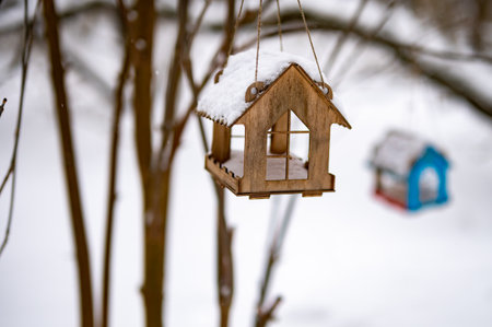 Birdhouse is hanging from a tree branch. The birdhouse is blue and has a red roof. The sun is shining on the birdhouse, creating a bright spot on the roofの写真素材
