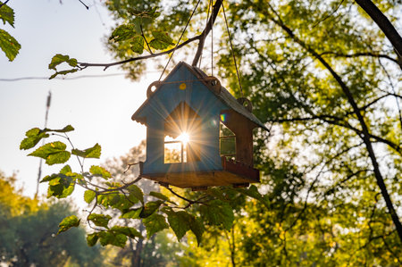 Birdhouse is hanging from a tree branch. The birdhouse is blue and has a windowの写真素材