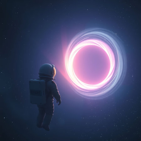 Astronaut in outer space with glowing circle. 3D renderingの素材
