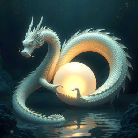 Dragon and moon on the sea. 3D render. Fantasy illustration.の素材