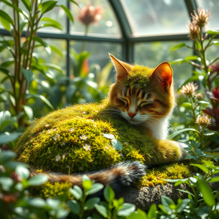 Cute ginger kitten sitting on green moss in a flower garden.の素材