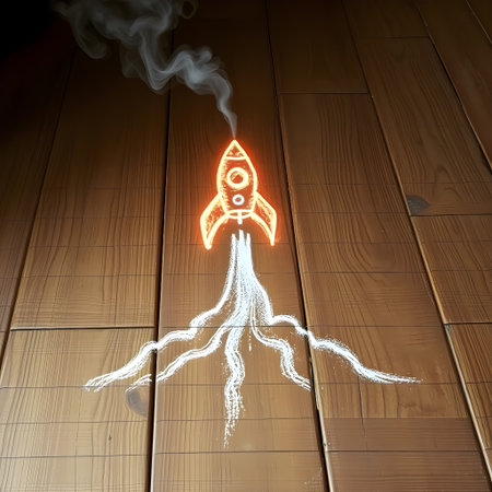 Rocket launch with smoke on wooden background. Start up business concept.の素材