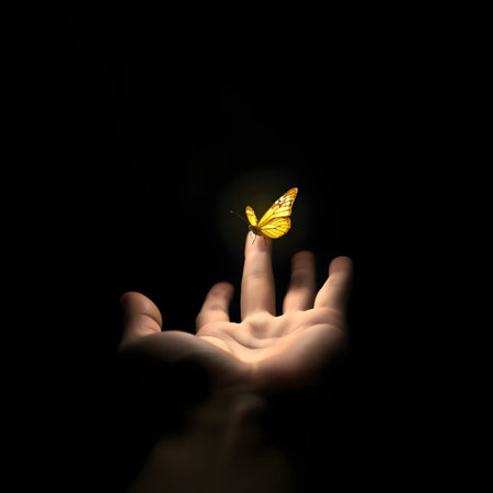 Butterfly in human hand on dark background. 3d renderingの素材