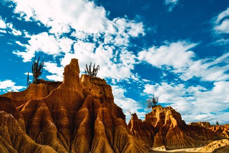 A tall rock in the Tatacoa Desert, Colombia under the cloudy skyの写真素材