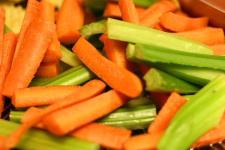 Carrot and celery sticks cut up for cruditesの写真素材