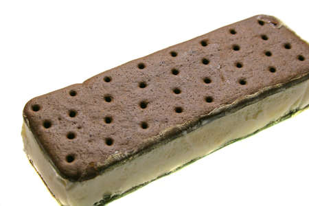 Closeup of chocolate and vanilla ice cream sandwich isolated on whiteの写真素材