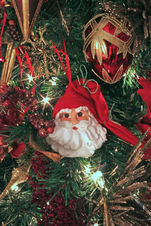 Closeup of Santa Claus Christmas decoration hanging on treeの写真素材