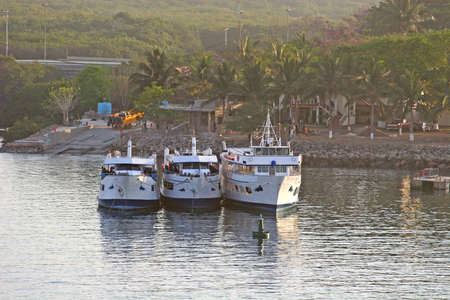 Three party boats tied up and waiting for passengersの写真素材