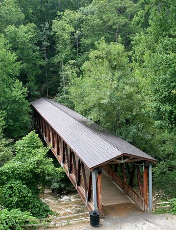 An view of an old wooden bridge from aboveの写真素材