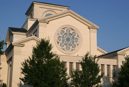 A church with unique architecture in dawn lightの写真素材