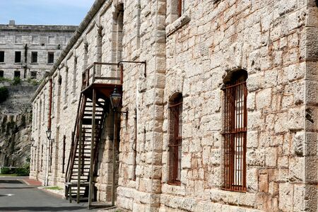 An old british fortification and wooden stepsの写真素材
