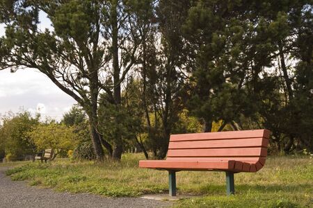 A red bench on a walking path in a public parkの写真素材