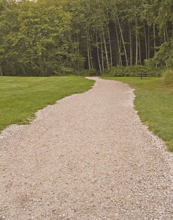 A gravel walking trail leading into the woodsの写真素材