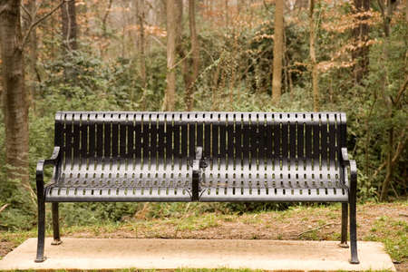 A black iron bench on a cement pad in the woodsの写真素材