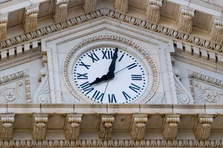 Clock and granite face on an old courthouseの写真素材
