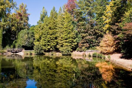 An old bridge and trees changing in the fall reflected in a calm lakeの写真素材