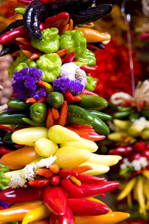 A colorful garland of fresh hot peppersの写真素材