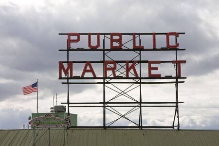 A public city fish market on a cloudy dayの写真素材