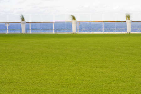 A green grassy field on the edge of a shipの写真素材
