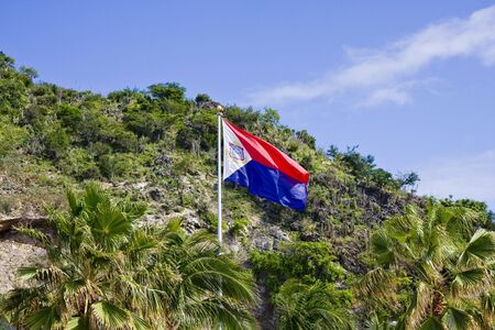 A caribbean flag in front of a tropical mountainの写真素材
