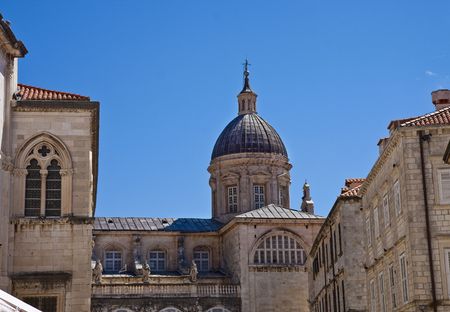 Towers of ancient church in the old town of Dubrovnik, Croatiaの写真素材