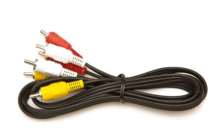 A set of white, yellow, and red video and audio cablesの写真素材