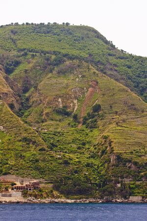 Green hills overlooking a calm blue bayの写真素材