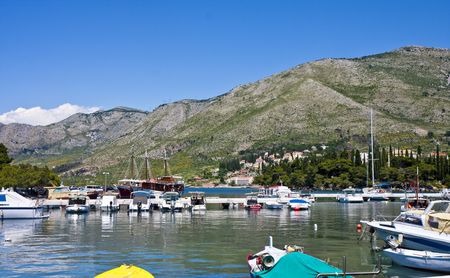View of a port in a small European coastal townの写真素材